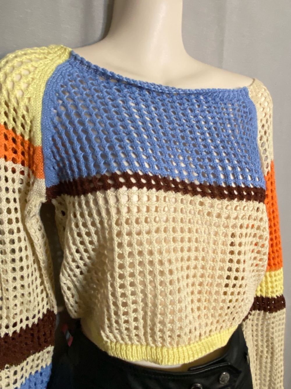 Crochet Open-Knit Colorblock Sweater - Cream, Blue, Yellow, Orange, Brown